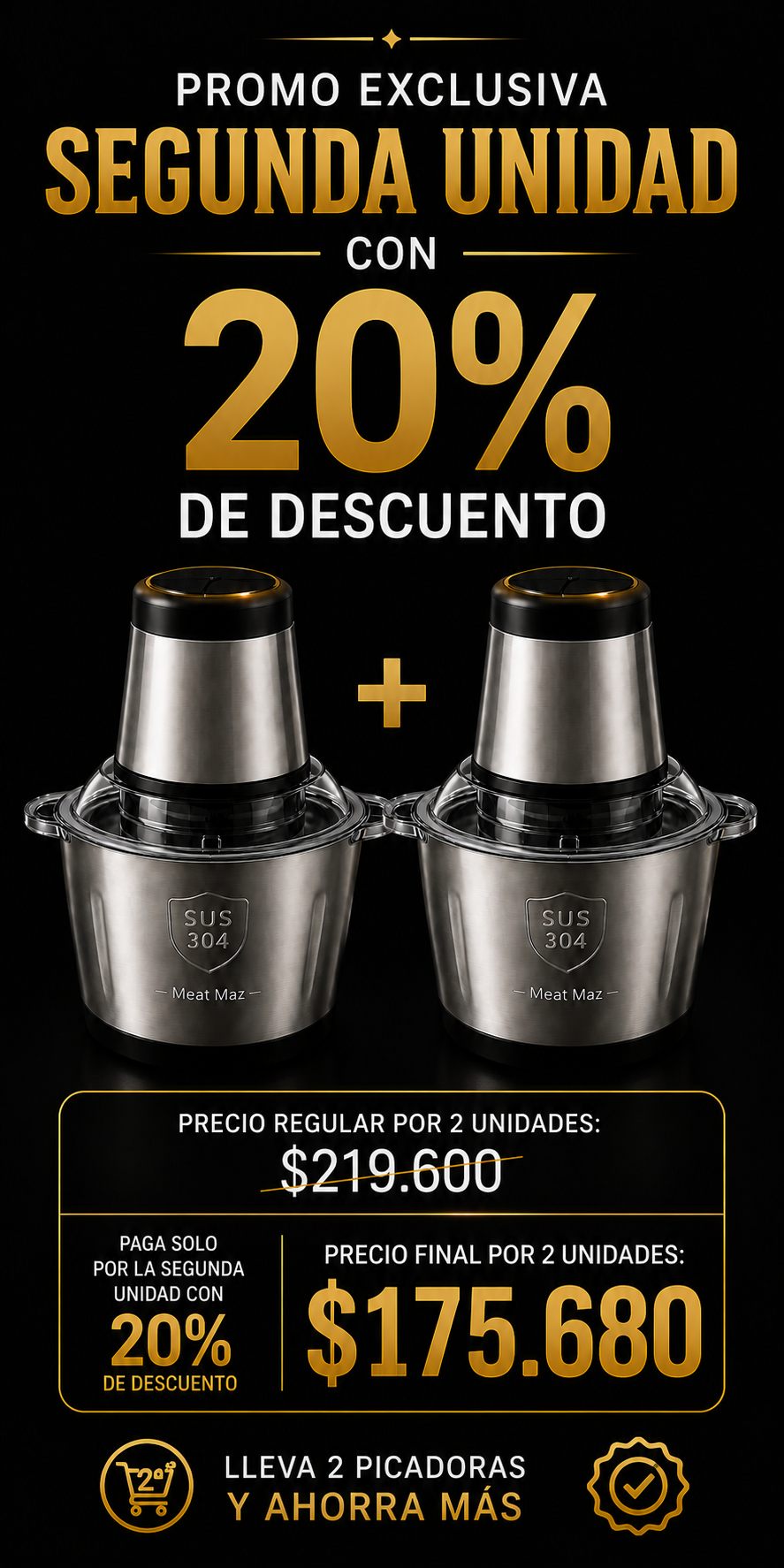 Picador Eléctrico de Acero Inoxidable 2 Litros – 4 Cuchillas, Multifunción y ¡PROMO! de descuento.