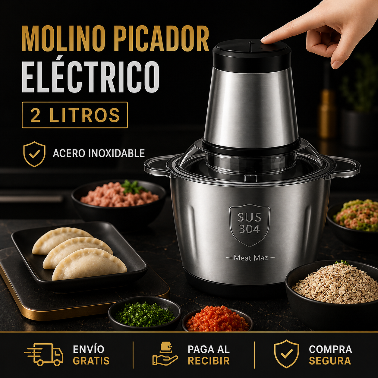 Picador Eléctrico de Acero Inoxidable 2 Litros – 4 Cuchillas, Multifunción y ¡PROMO! de descuento.