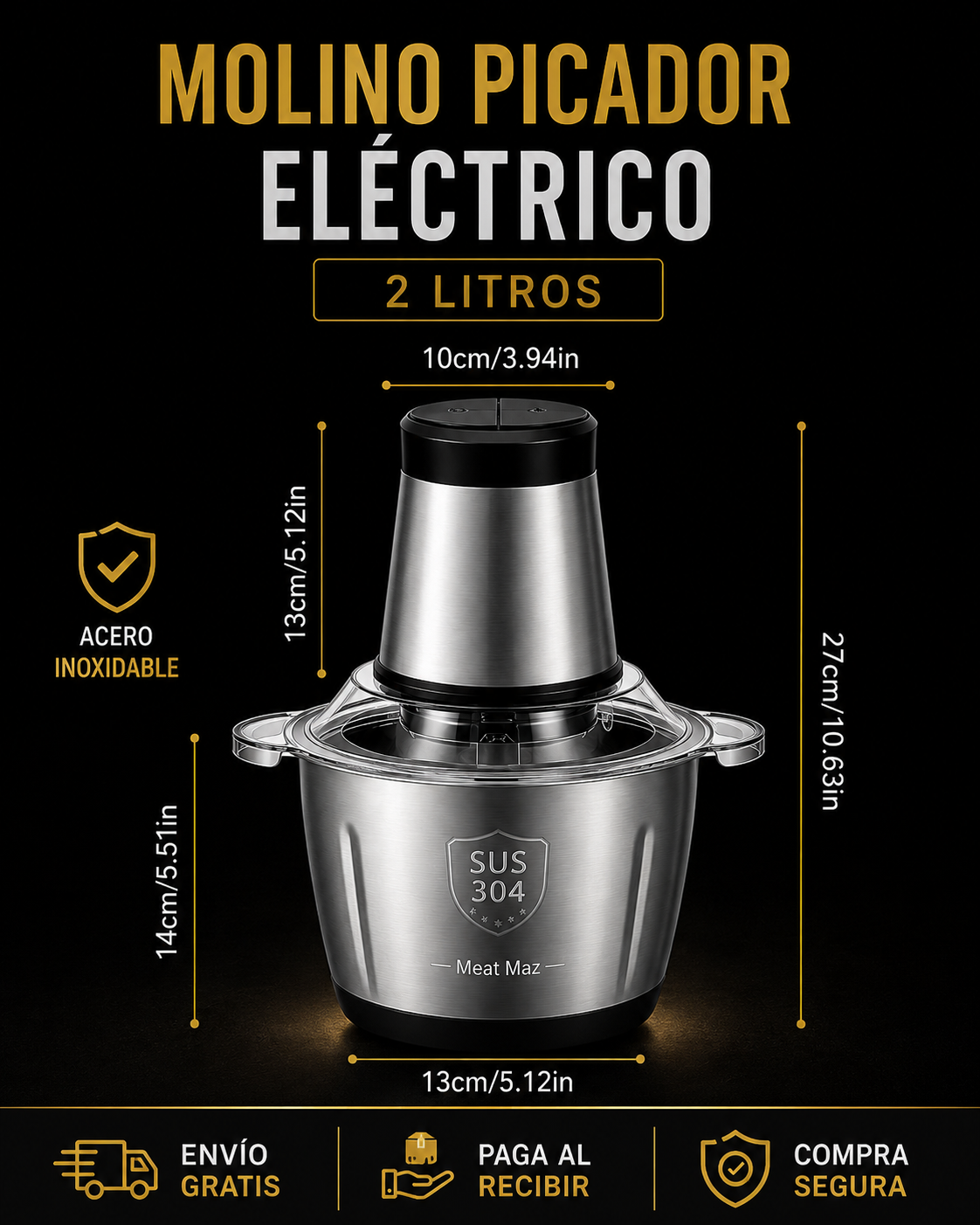 Picador Eléctrico de Acero Inoxidable 2 Litros – 4 Cuchillas, Multifunción y ¡PROMO! de descuento.