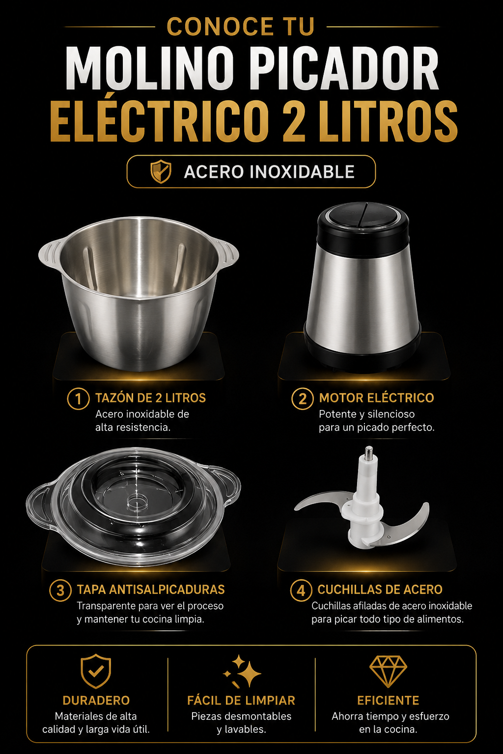 Picador Eléctrico de Acero Inoxidable 2 Litros – 4 Cuchillas, Multifunción y ¡PROMO! de descuento.